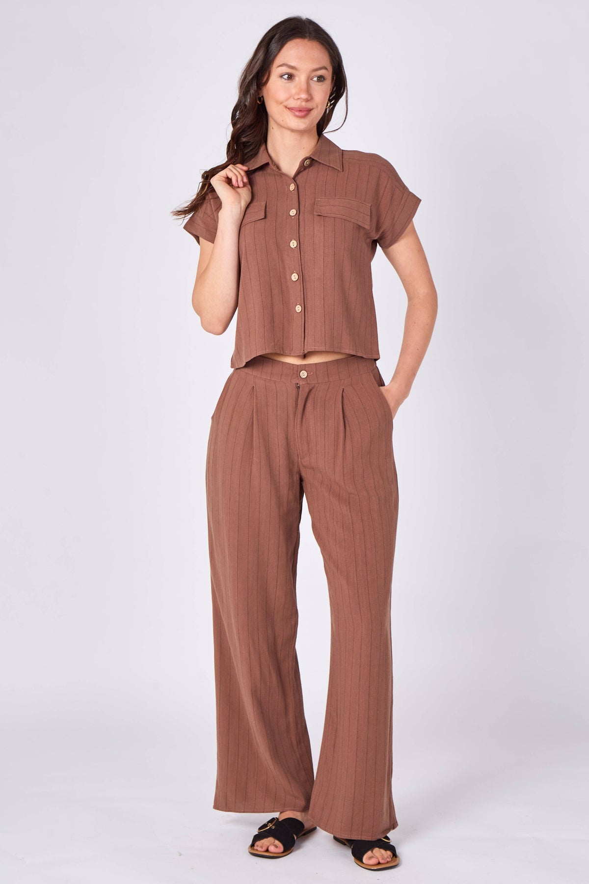 Brown Pinstripe Shirt & Trouser Set