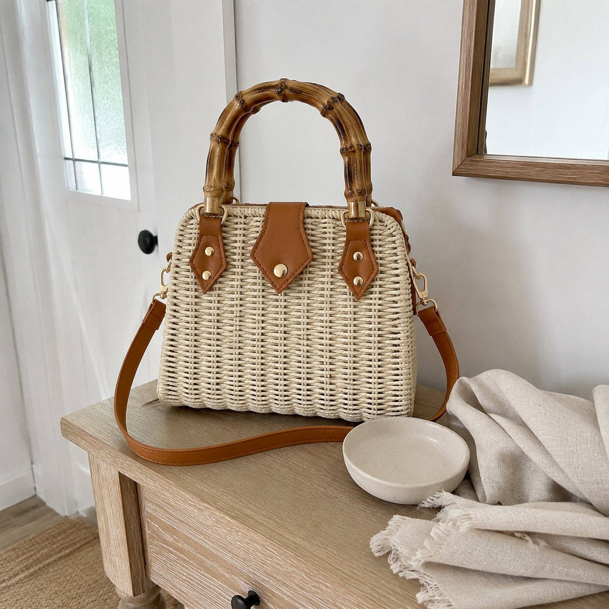 Woven Straw Bamboo Handle Bag