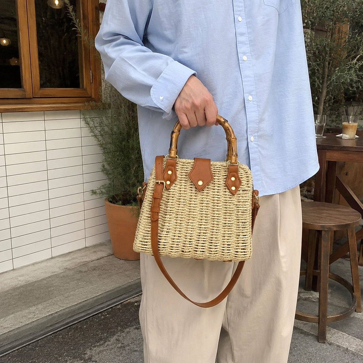 Woven Straw Bamboo Handle Bag