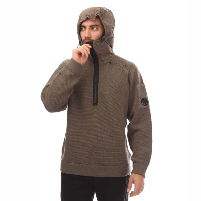 Men's C.P. Company Nylon Hood Wool Cardigan in Walnut