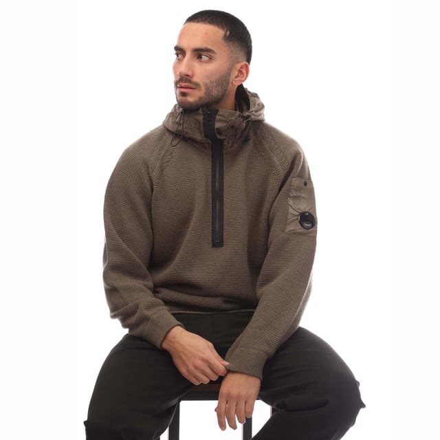 Men's C.P. Company Nylon Hood Wool Cardigan in Walnut