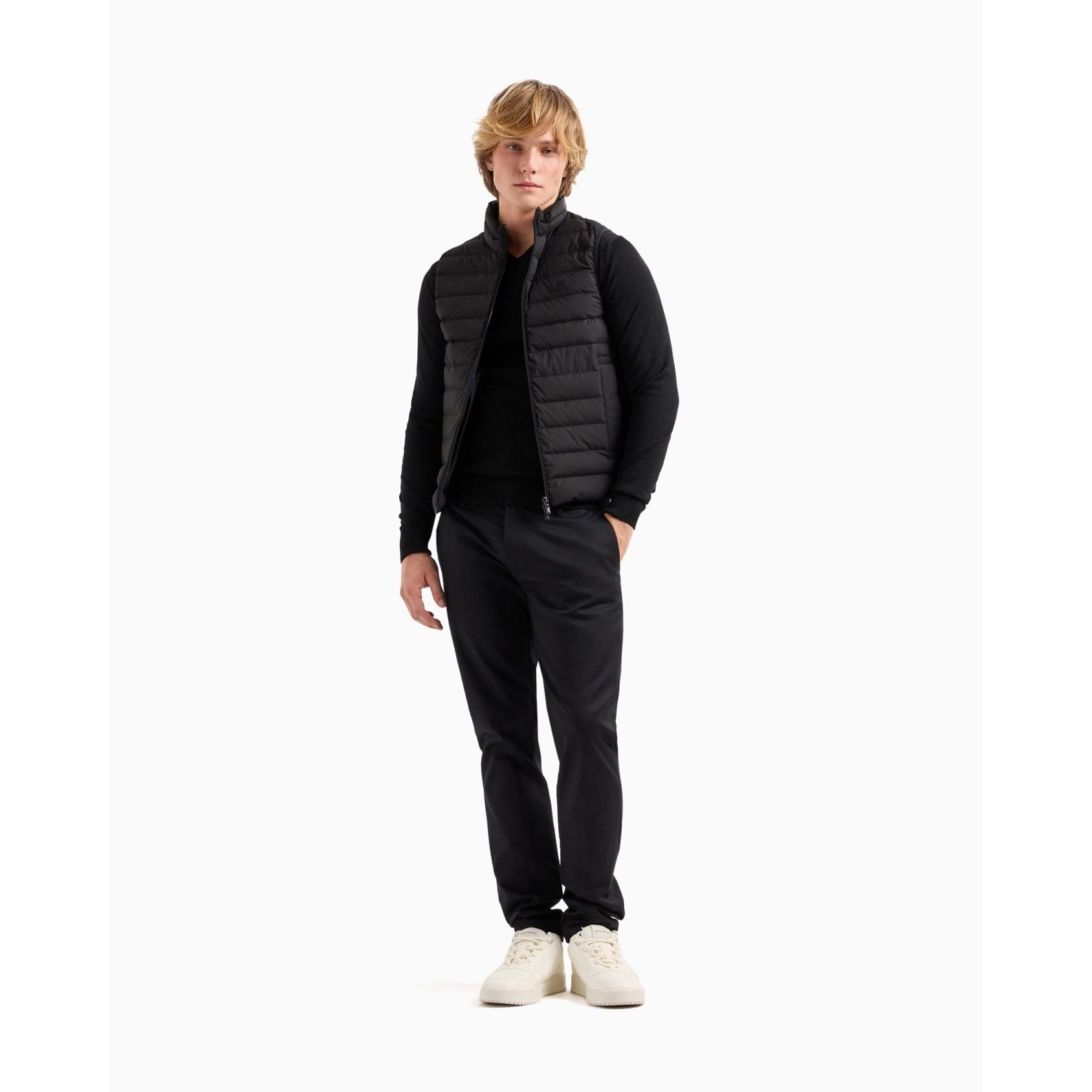 Sleeveless full-zip down jacket in quilted nylon with eagle logo patch