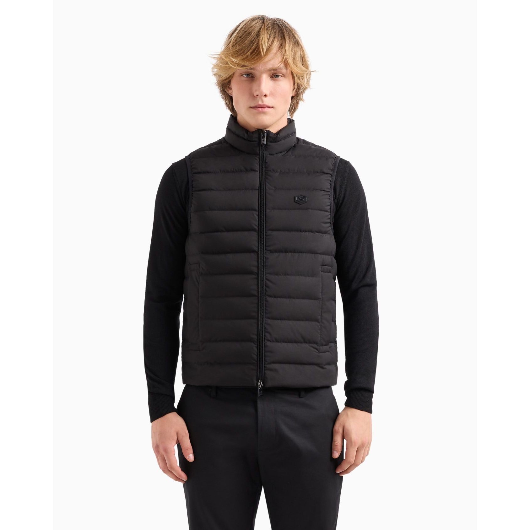 Sleeveless full-zip down jacket in quilted nylon with eagle logo patch