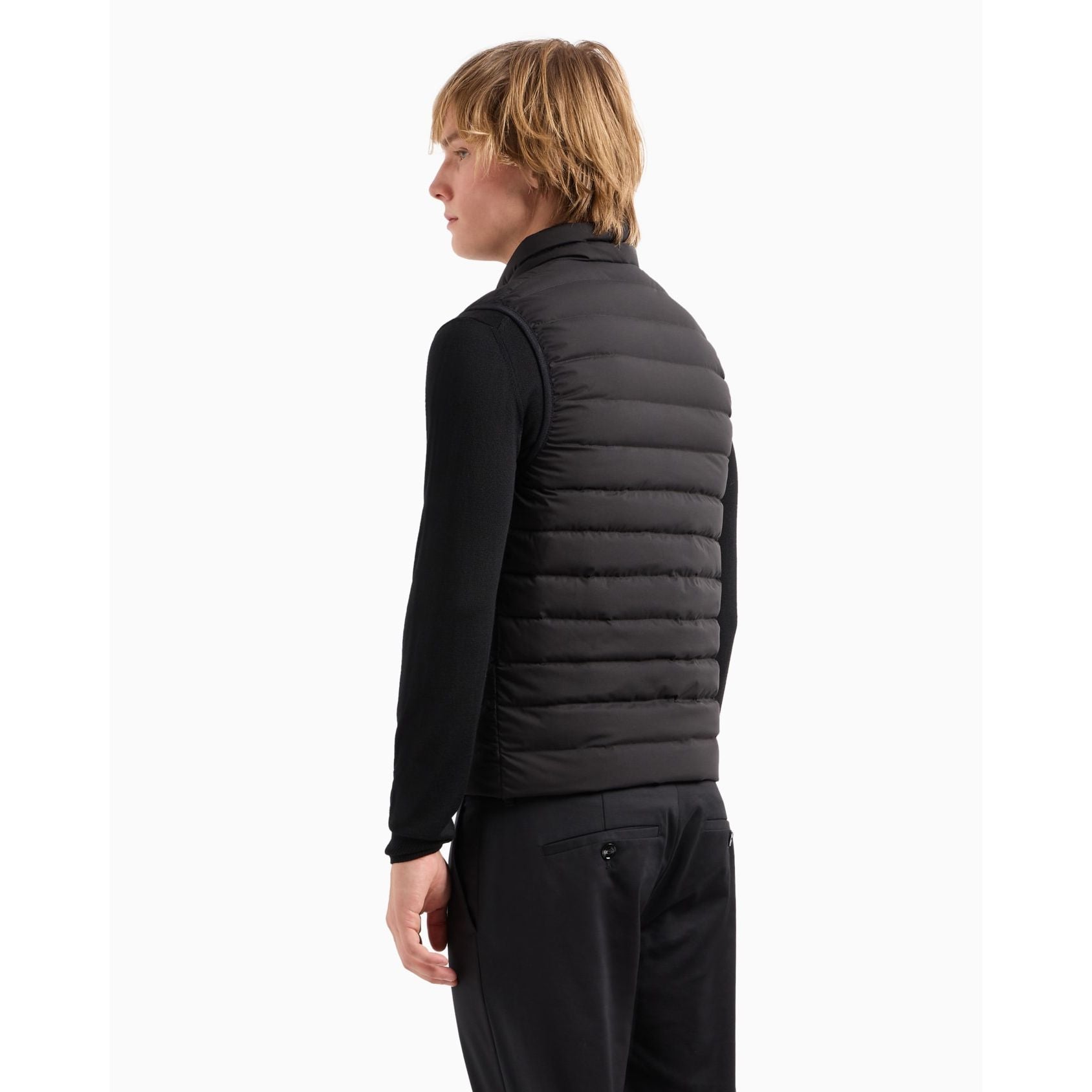Sleeveless full-zip down jacket in quilted nylon with eagle logo patch