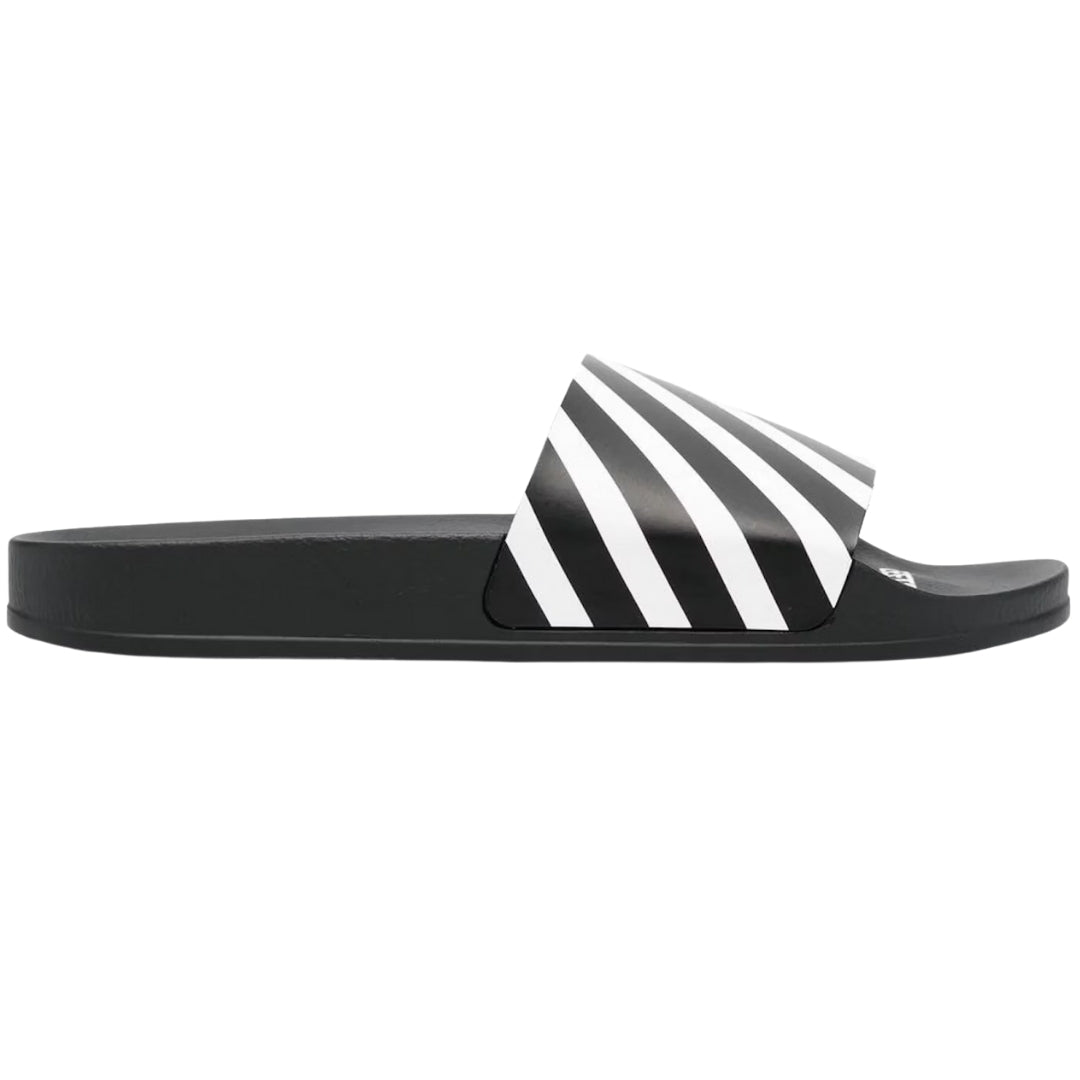 Off White Striped Diag Sliders Black