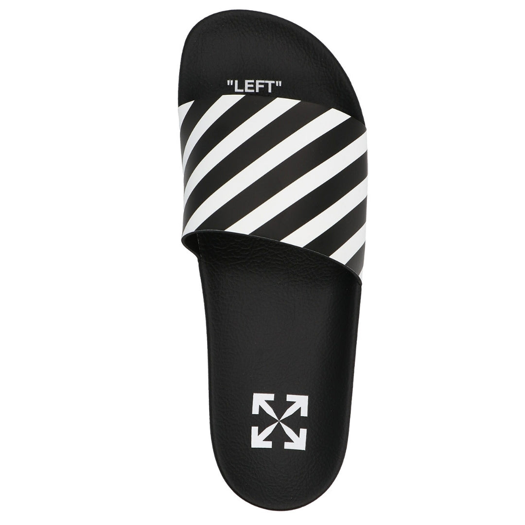 Off White Striped Diag Sliders Black