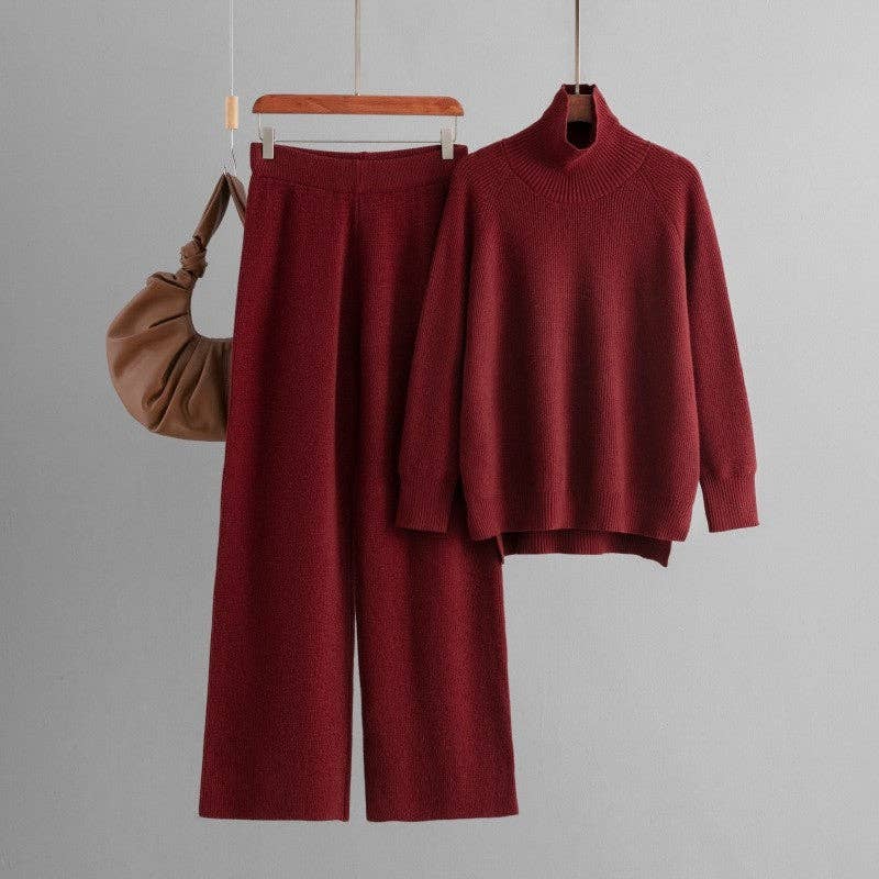 High Neck Split Knit Jumper & Wide Leg Trouser Set