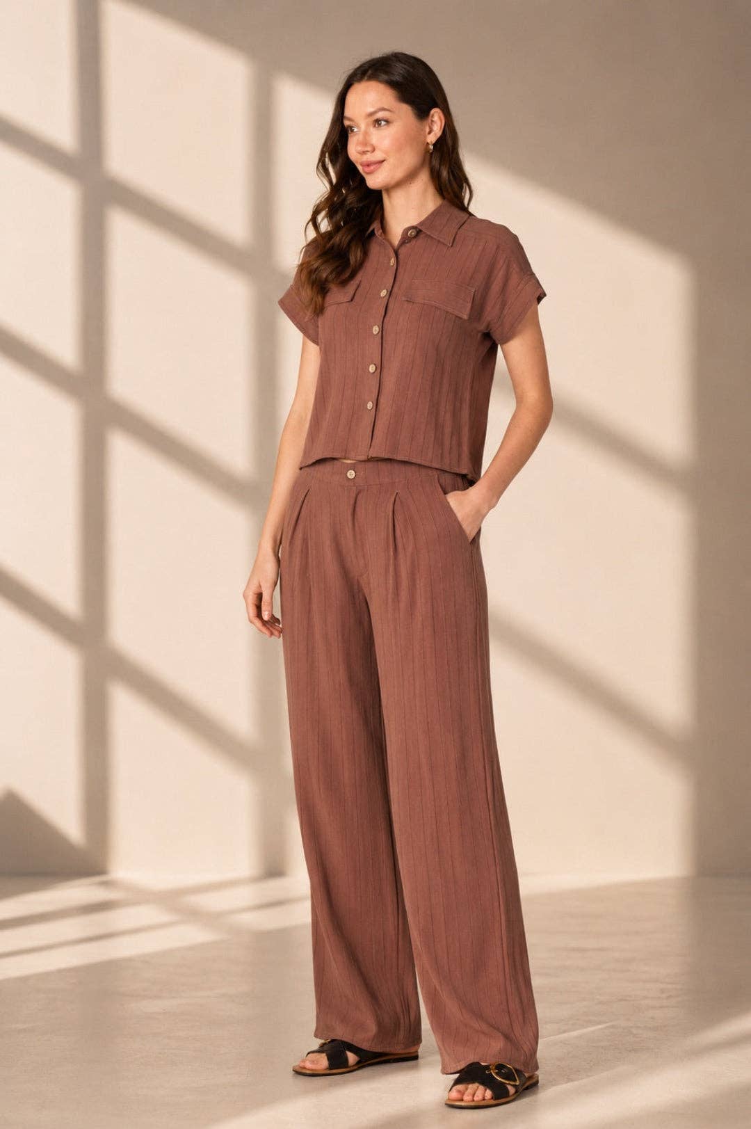 Brown Pinstripe Shirt & Trouser Set