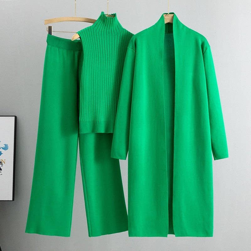 Three-Piece Knit Vest, Cardigan & Trouser Set