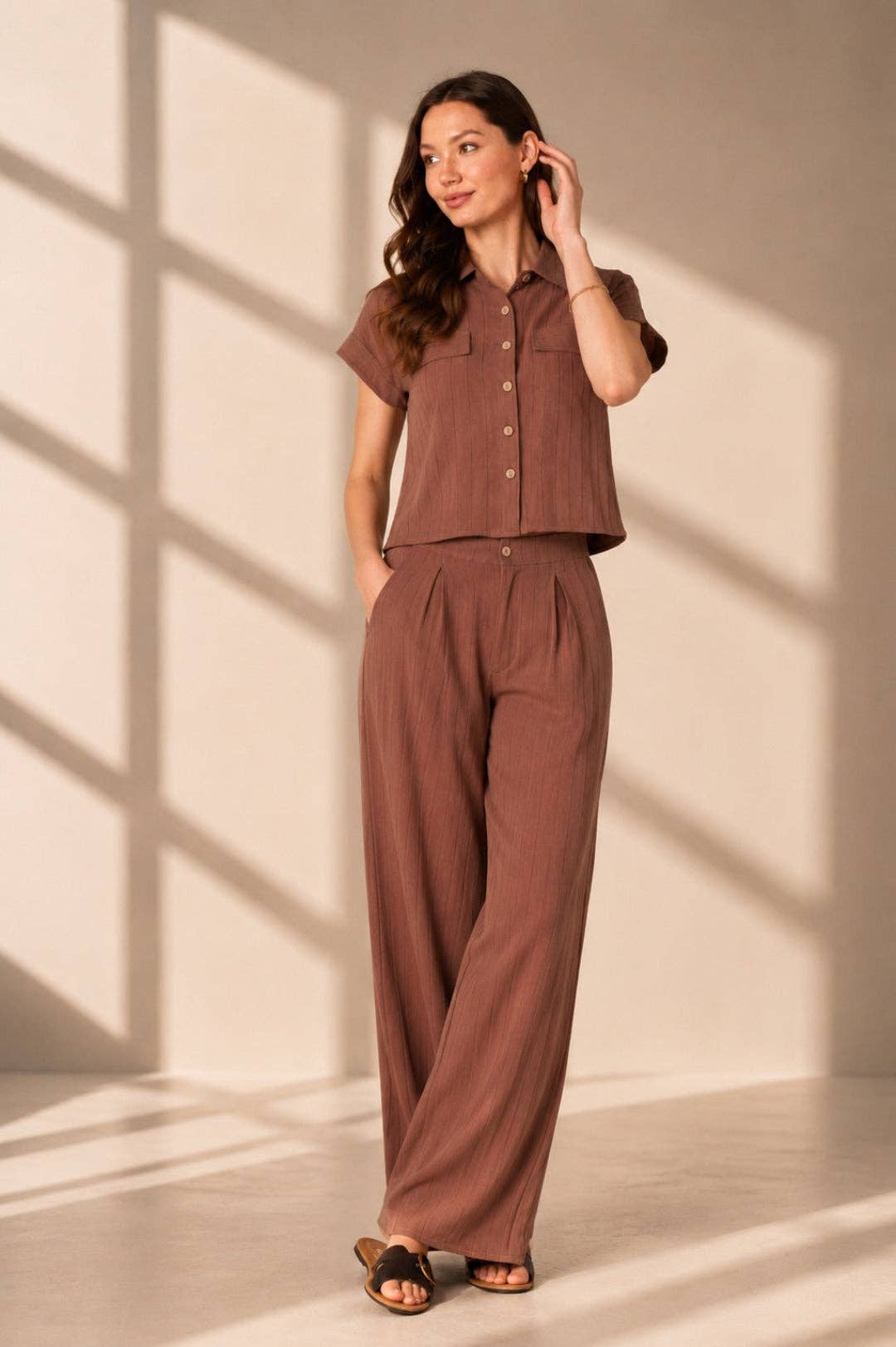 Brown Pinstripe Shirt & Trouser Set