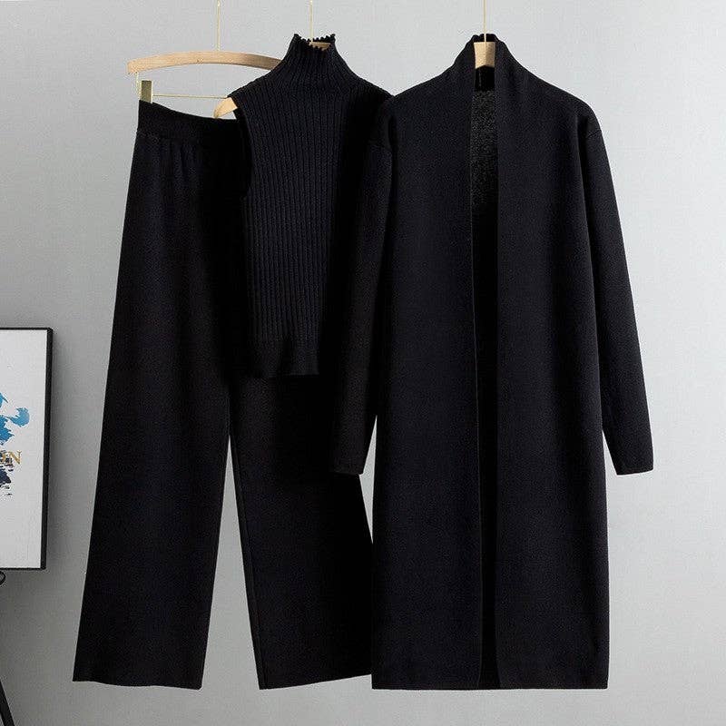 Three-Piece Knit Vest, Cardigan & Trouser Set