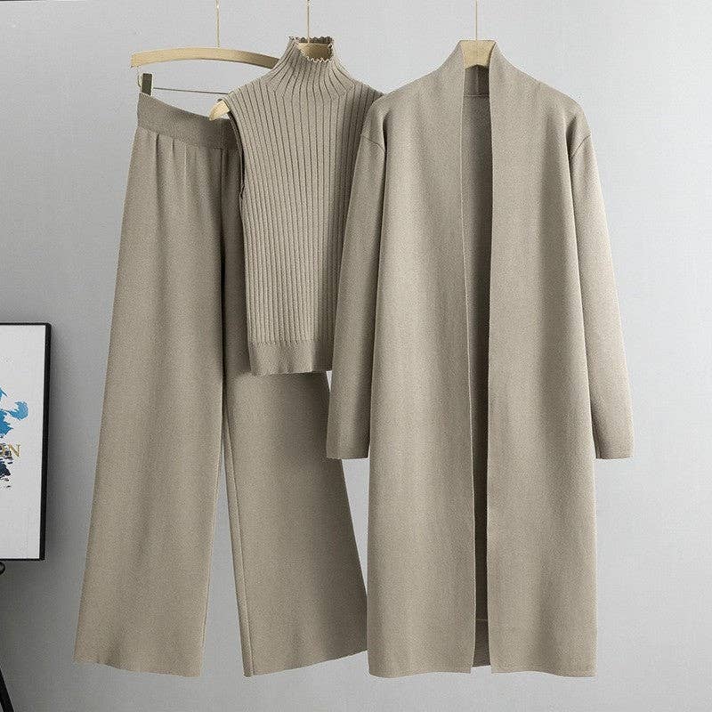 Three-Piece Knit Vest, Cardigan & Trouser Set