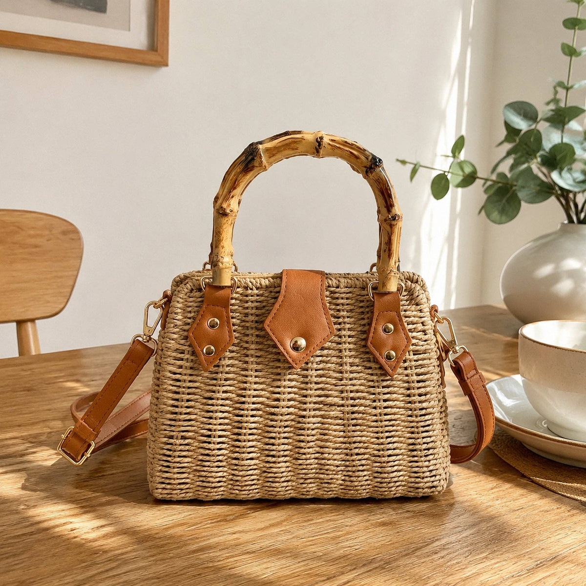 Woven Straw Bamboo Handle Bag