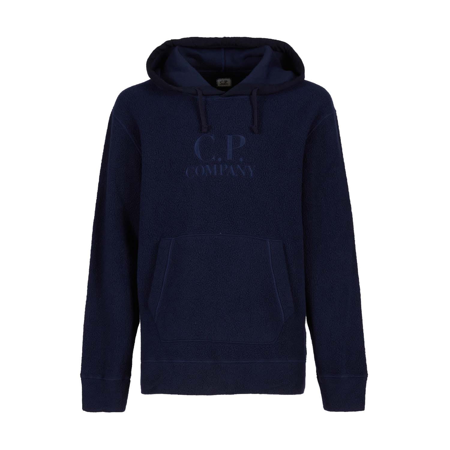 C.P. Company Wool Polar Fleece Logo Hoodie in Dark Blue