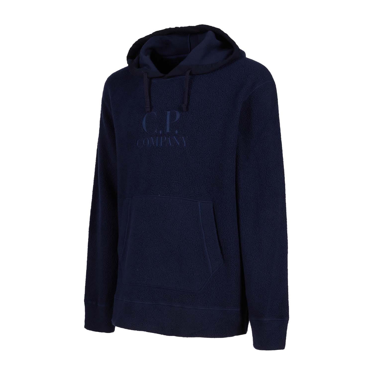 C.P. Company Wool Polar Fleece Logo Hoodie in Dark Blue